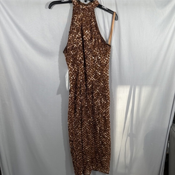 NEW $398 Mac‎ Duggal [ 10 ] Sequin Plaid Halter Neck Cocktail Dress Copper - Picture 7 of 15